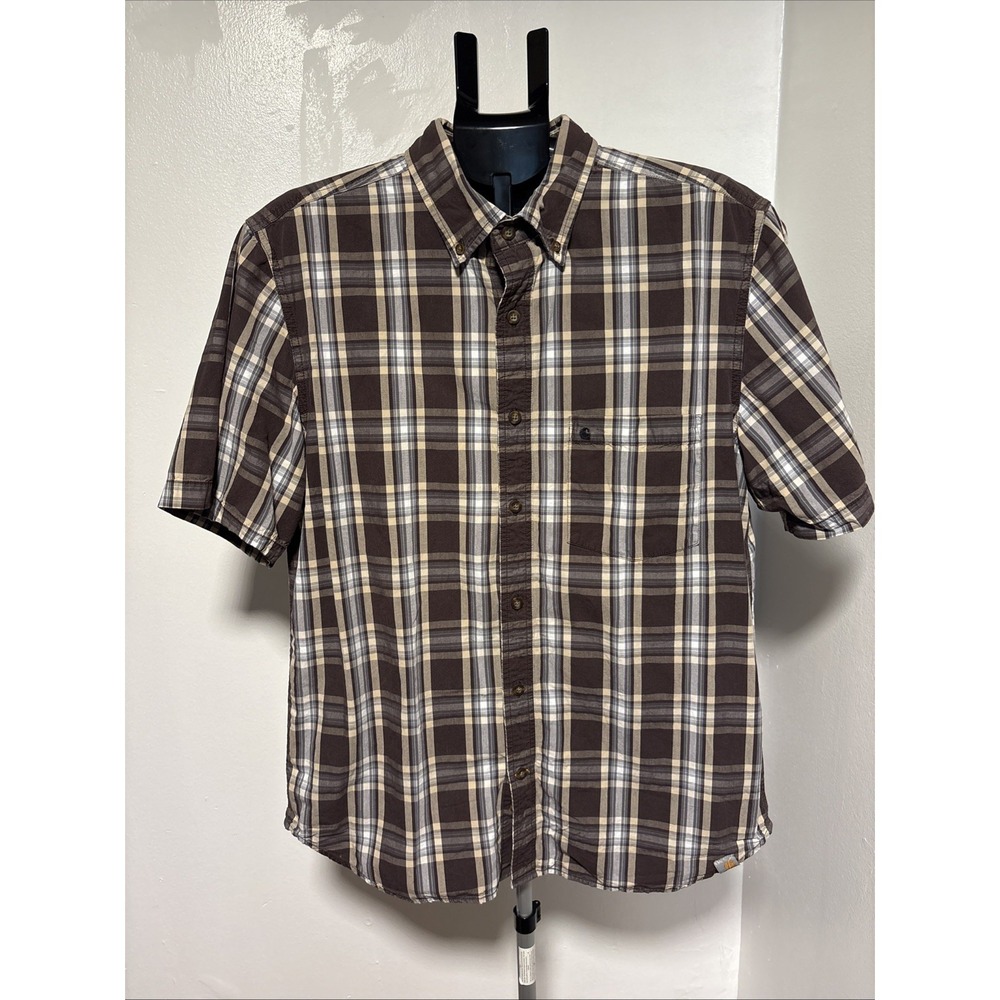 Carhartt Relaxed Fit Plaid Short Sleeve Shirt Men's Size Large 100% Cotton Brown